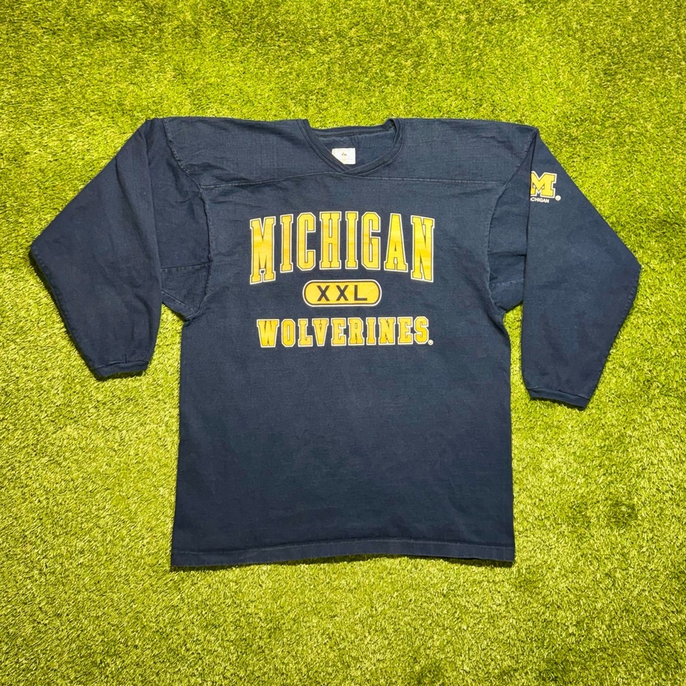 Vintage 90s Michigan Wolverines Oversized Long Sleeve Shirt Men’s XL Navy Blue